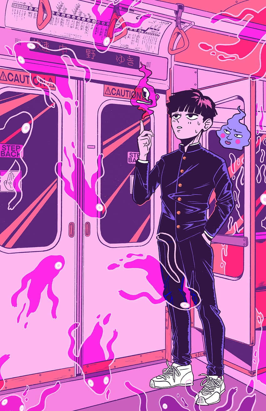 動漫 桌布 壁紙 — 一個穿著校服的年輕動漫男孩站在超現實的粉紅色地鐵車廂中，周圍環繞著發光的粉紅色黏糊糊的生物。