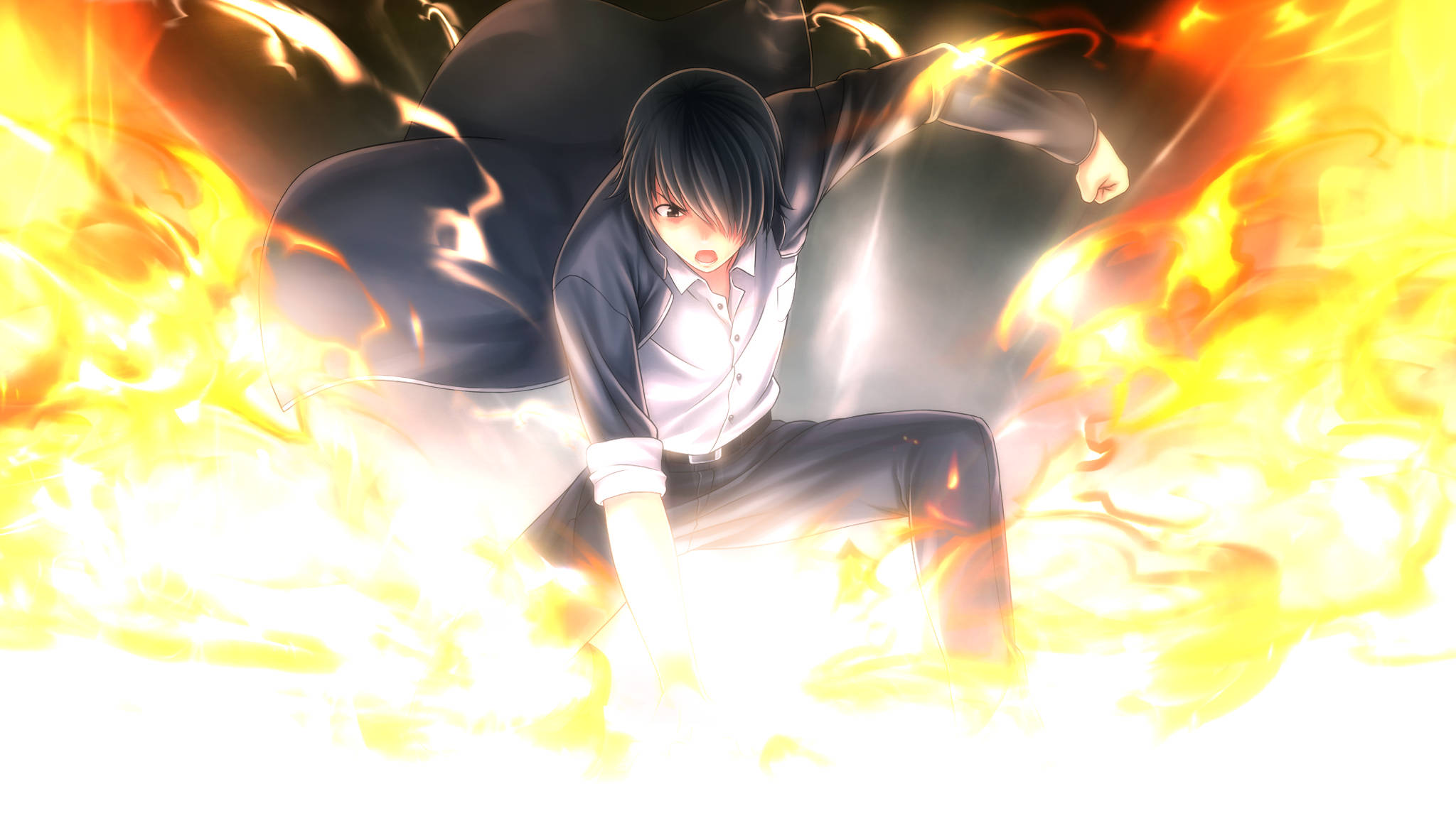Fire Anime 桌布 壁紙 — 一個穿著校服的年輕動漫角色，在動態動作姿勢中被強烈的火焰包圍。
