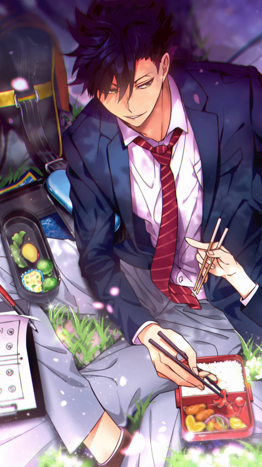 Kuroo 桌布 壁紙 — 一個穿著校服的年輕動畫男孩在黃昏時分在櫻花樹下吃便當。