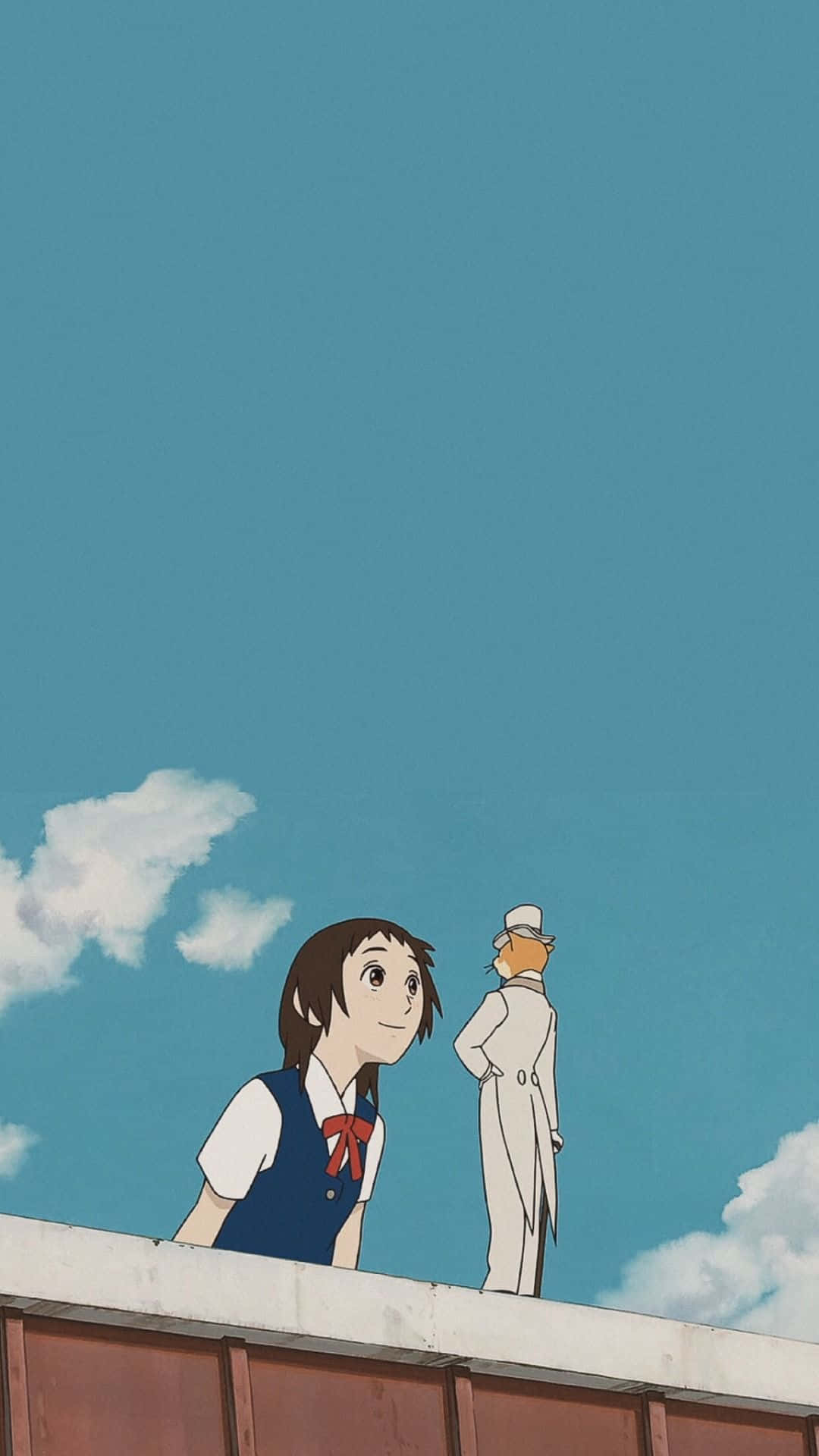 the cat returns 桌布 壁紙 — 一個穿著校服的年輕女孩和一個穿著白袍的男人站在屋頂上，頭頂是廣闊的藍天和蓬鬆的白雲。