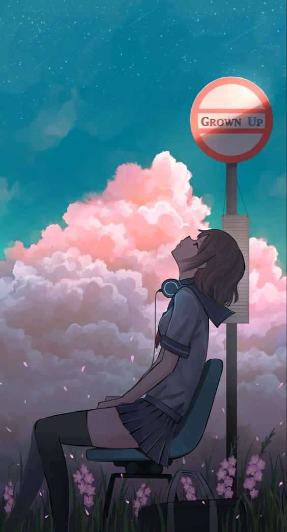 動漫女孩 桌布 壁紙 — 一個穿著校服的年輕女孩坐在「Grown Up」標誌下的椅子上，仰望充滿粉紅色雲朵和星星的天空。