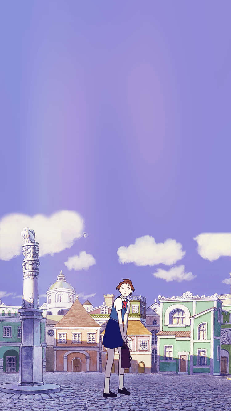 the cat returns 桌布 壁紙 — 一個穿著校服的年輕女孩獨自站在歐洲鵝卵石廣場上，天空呈現柔和的紫色，有蓬鬆的雲朵。