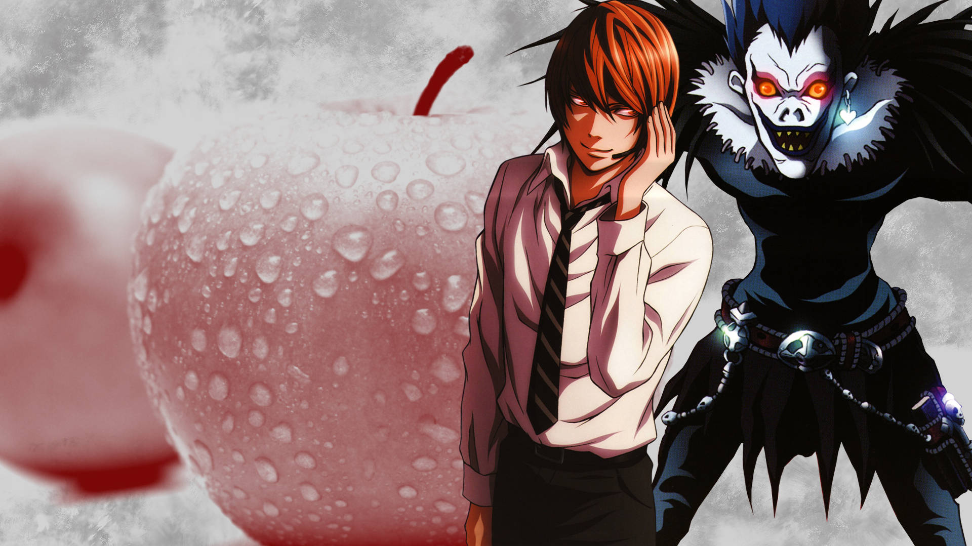 Ryuk 桌布 壁紙 — 一個穿著校服的年輕男子站在一個眼睛發光的骷髏形象旁邊，兩者都被一個巨大的、覆蓋著露水的紅蘋果框住。