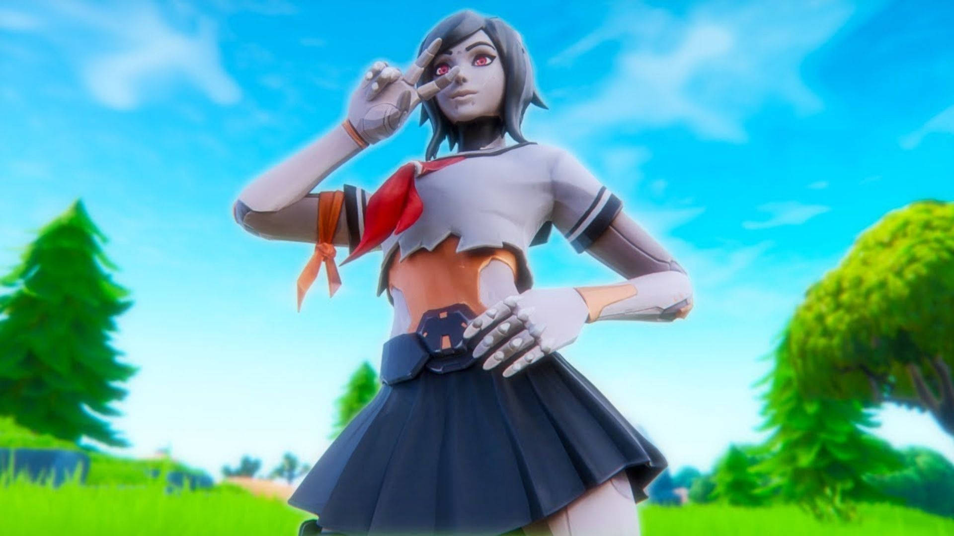 月兔 Fortnite 桌布 壁紙 — 一個穿著校服的機械動畫女孩在晴朗藍天下自信地擺姿勢於明亮的綠色田野中。