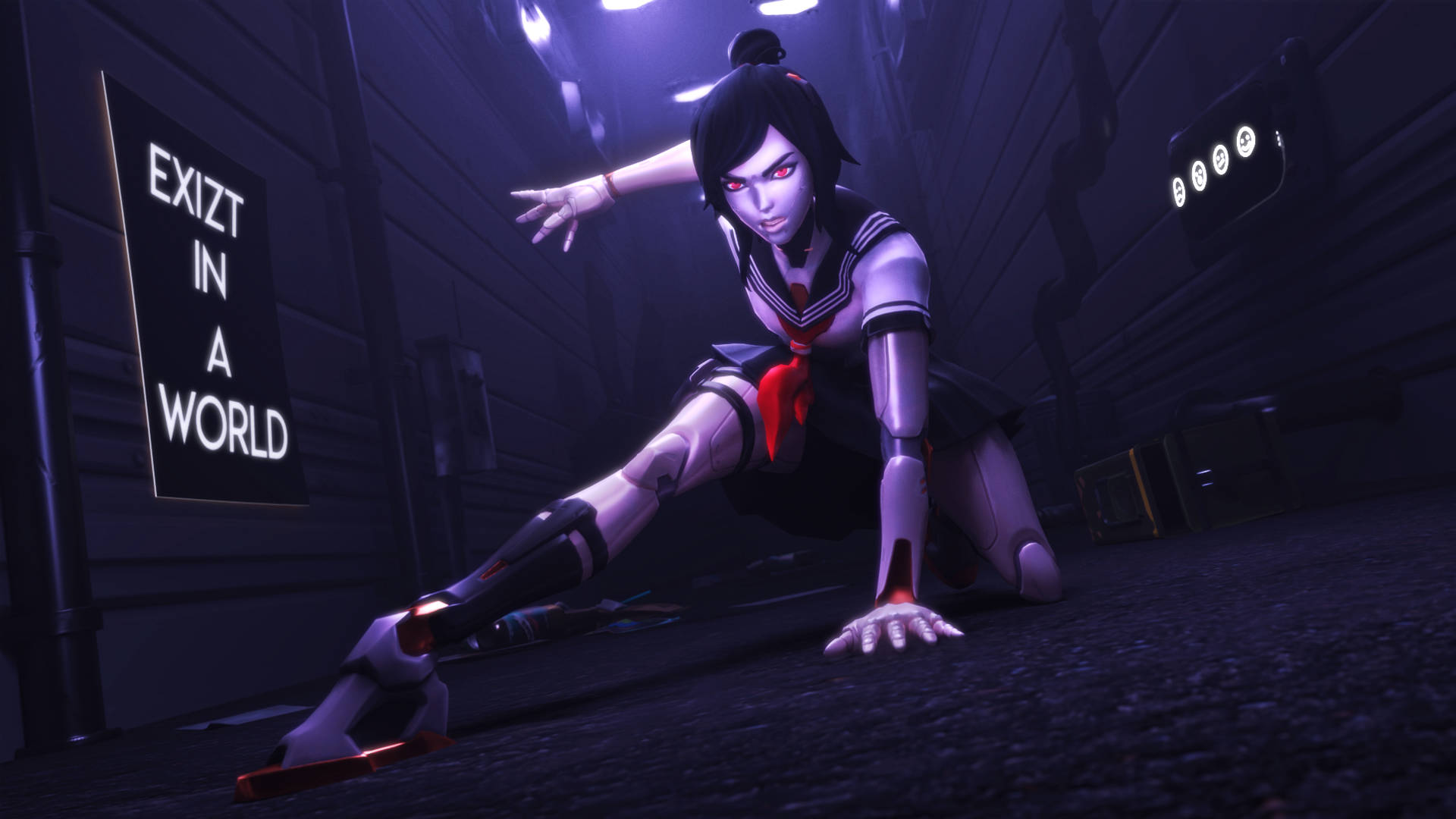 tsuki fortnite 桌布 壁紙 — 一個穿著校服的機械化動漫女孩，在霓虹燈小巷中蹲下，擁有發光的紅色眼睛和機械肢體。