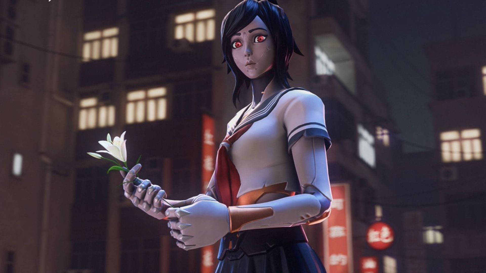 tsuki fortnite 桌布 壁紙 — 一個穿著校服的機械少女在夜晚霓虹燈照亮的城市街道上手持一朵白色百合花。