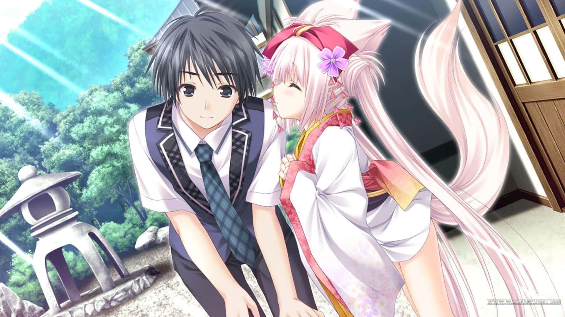 Relationship 桌布 壁紙 — 一個穿著校服的男孩和一個穿著和服的粉紅髮狐女在茂密花園的石燈籠附近分享溫馨時刻。