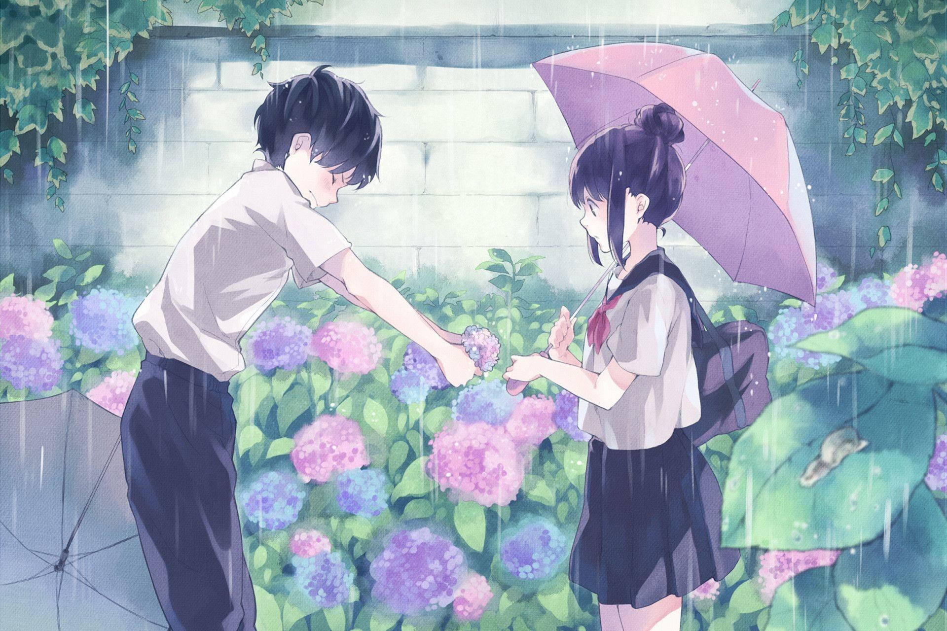 可愛動漫 桌布 壁紙 — 一個穿著校服的男孩和女孩在盛開的繡球花中，在粉紅色的傘下分享溫柔的時刻，伴隨著輕柔的雨。