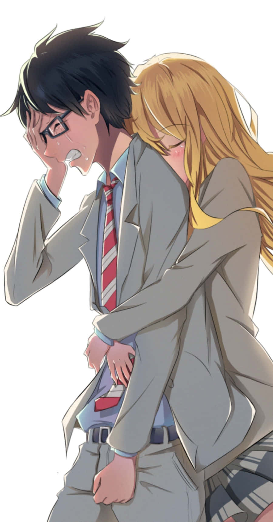 動漫 桌布 壁紙 — 一個穿著校服的苦惱動漫男孩被一個長金髮、臉紅的女孩從後面擁抱。