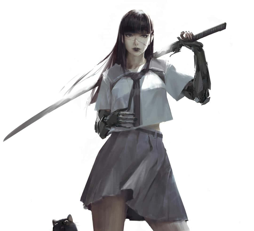 動漫女孩 桌布 壁紙 — 一個穿著校服的賽博龐克動漫女孩，用機械手臂揮舞著武士刀，背景是純白色。
