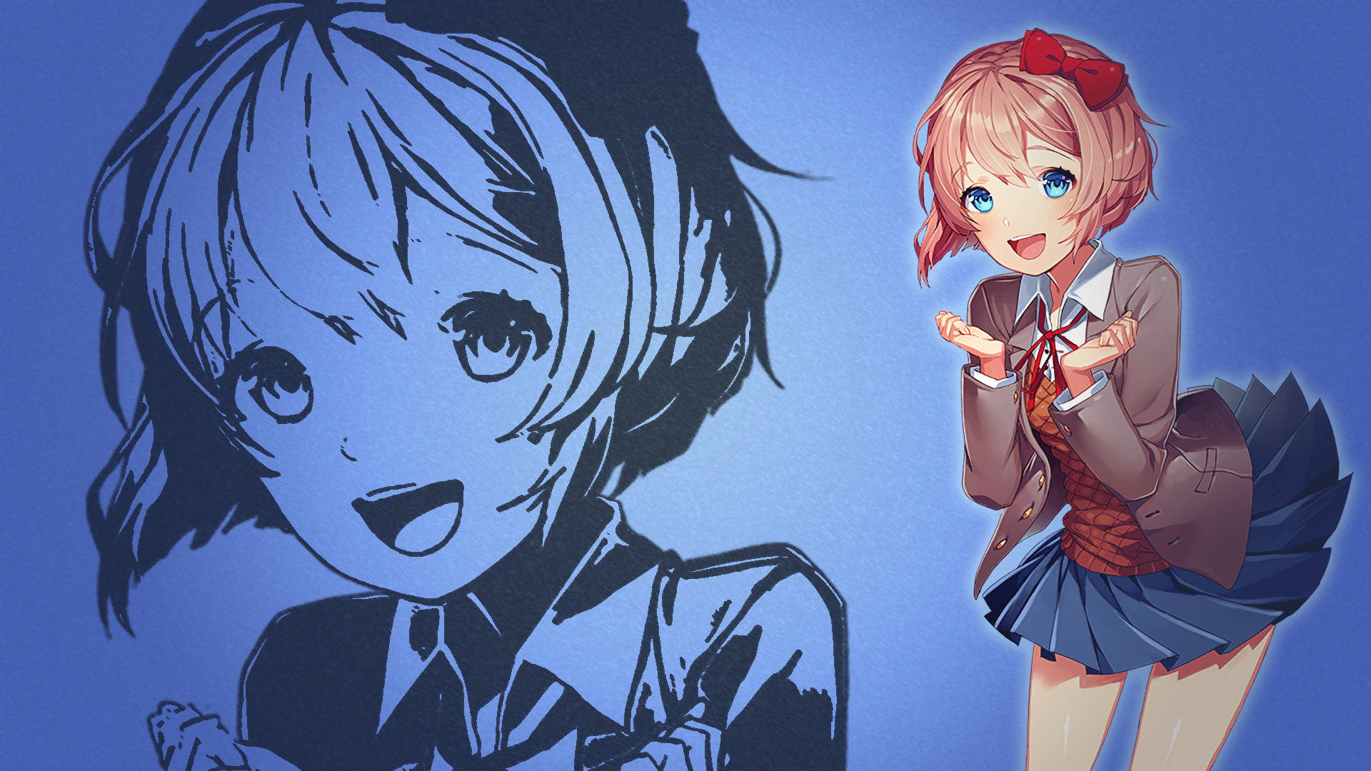 literature 桌布 壁紙 — 一個穿著校服的開心動漫女孩在另一個女孩的藍色素描旁邊微笑。