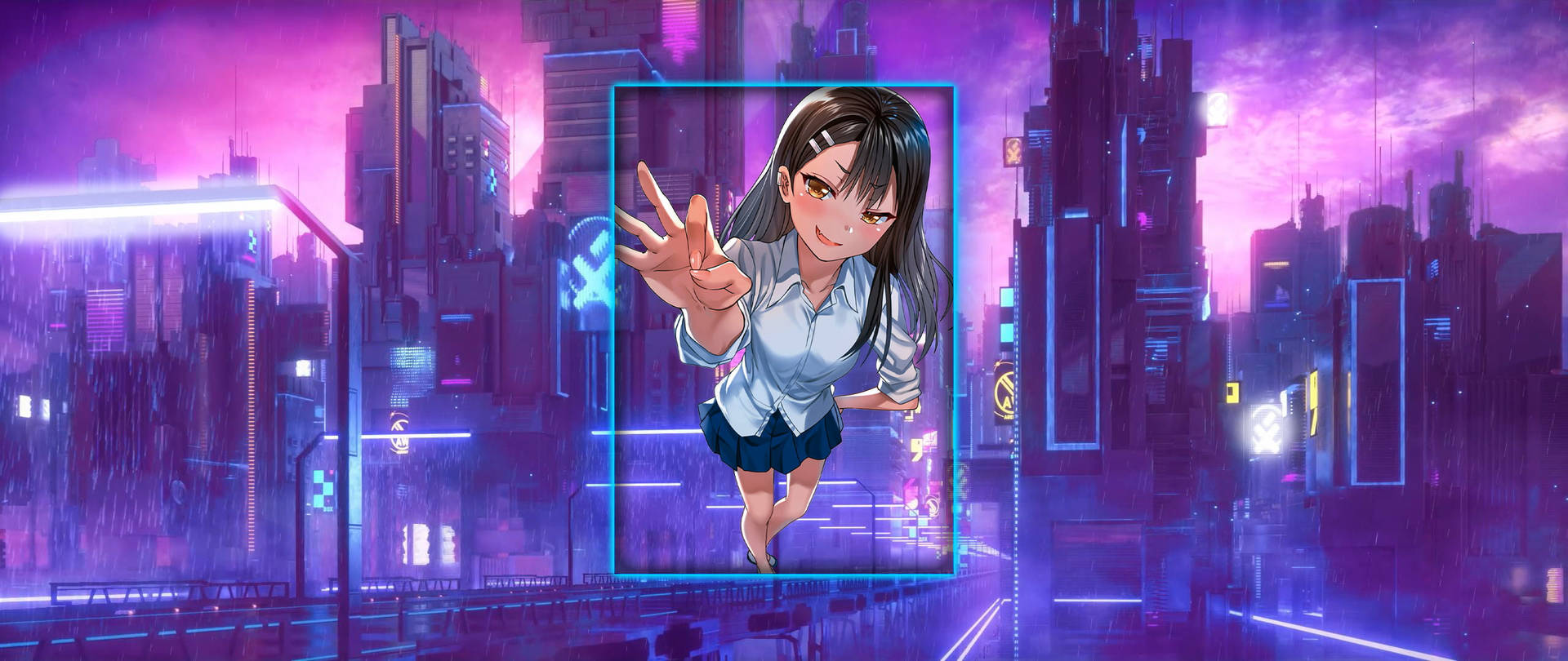 動漫女孩在霓虹雨濕的賽博朋克城市景觀中揮手。 — 烏賈因 馬哈卡爾 壁紙