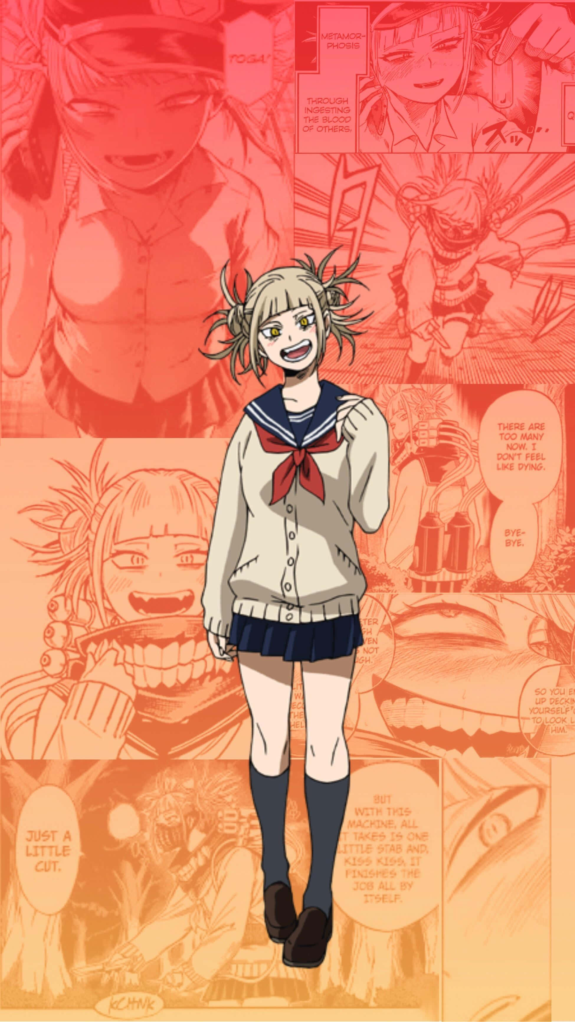 Toga 桌布 壁紙 — 一個穿著校服的開心動漫女孩站在舞台中央，背景是紅橙色漫畫格。