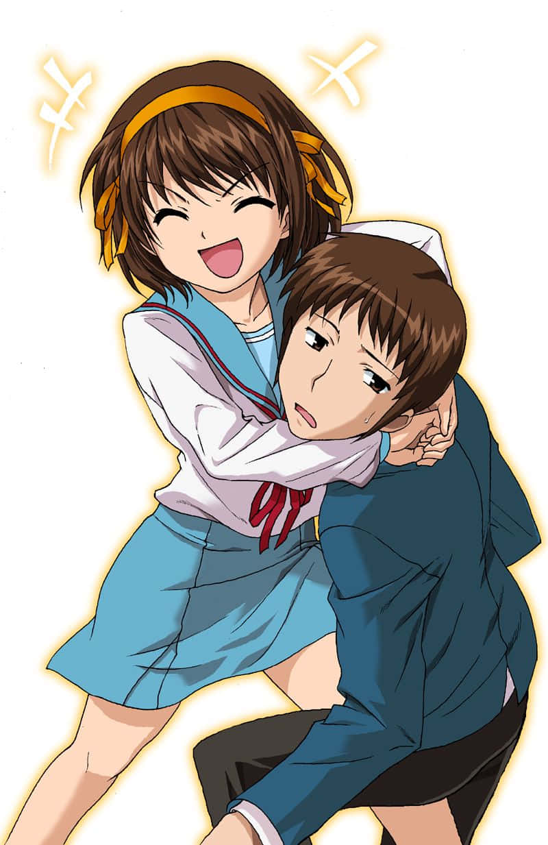 Kyon 桌布 壁紙 — 一個穿著校服的開心動畫女孩從後面抱住一個驚訝的男孩，她的頭周圍有閃閃發光的效果。