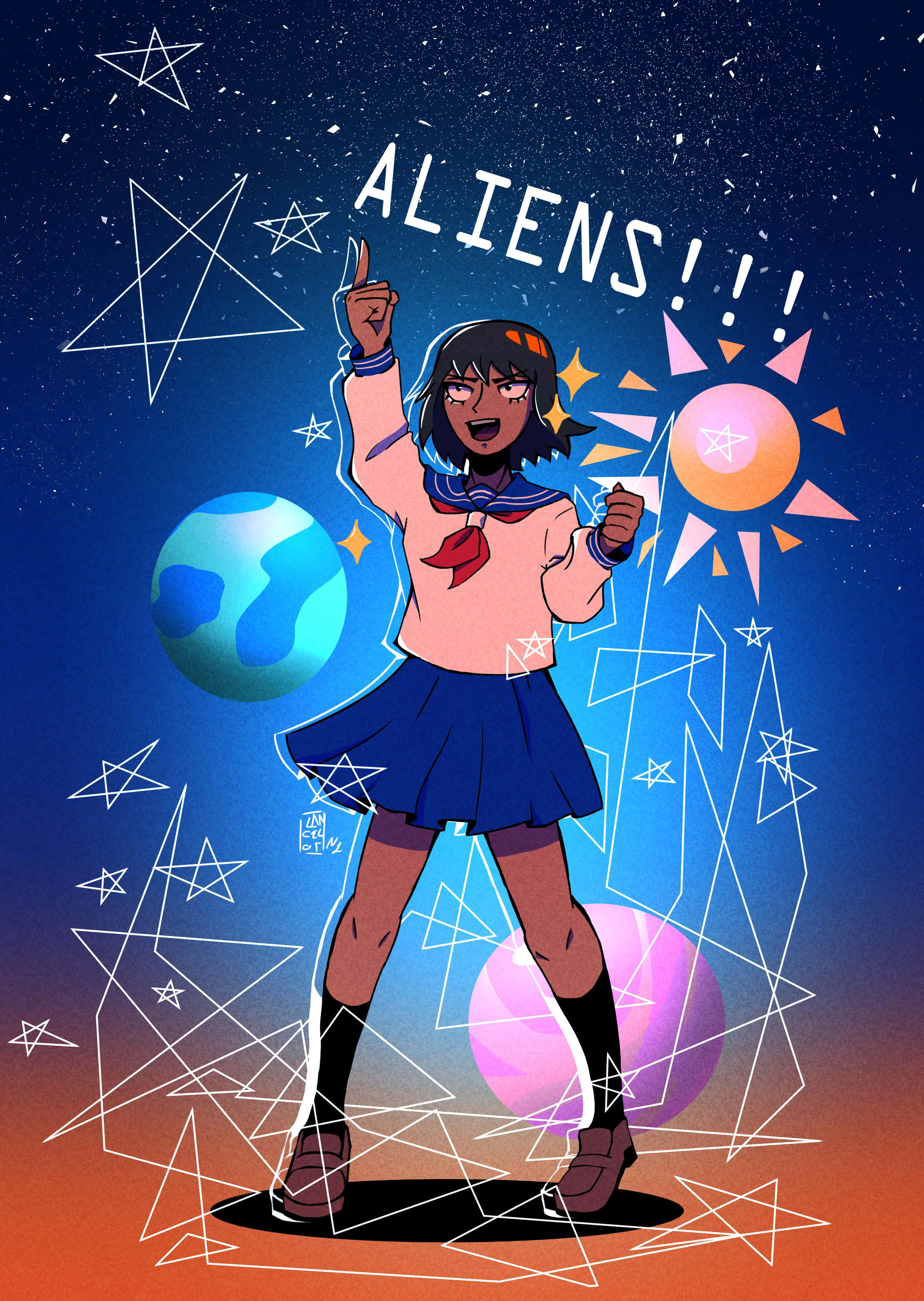 Tome Kurata 桌布 壁紙 — 一個穿著校服的開心動畫女孩興奮地指著星星和行星，背景是帶有發光幾何形狀的宇宙。