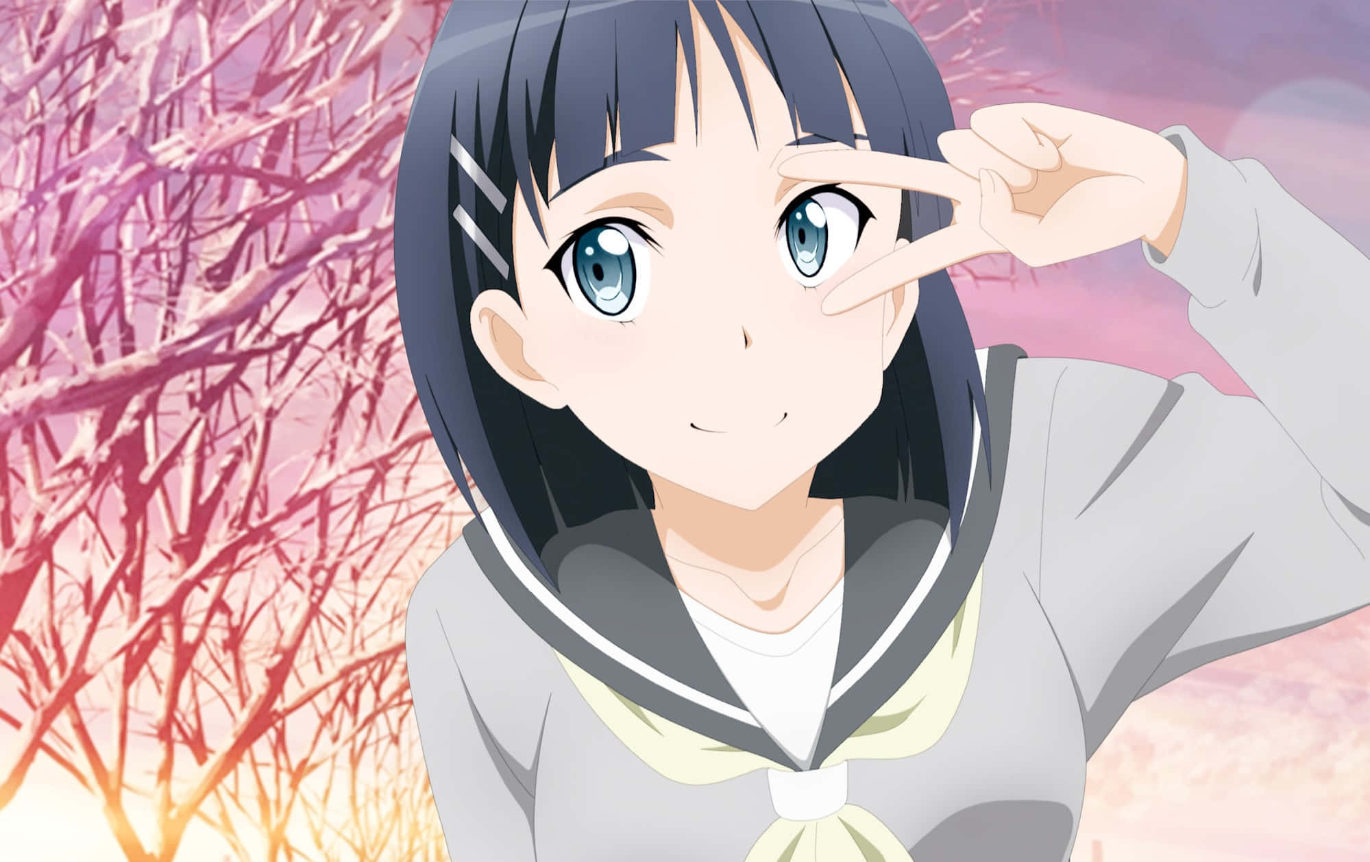 Suguha Kirigaya 桌布 壁紙 — 一個穿著校服的開朗動漫女孩，在充滿活力的粉紅色和橙色日落背景下，裸露的樹枝中做出和平手勢。