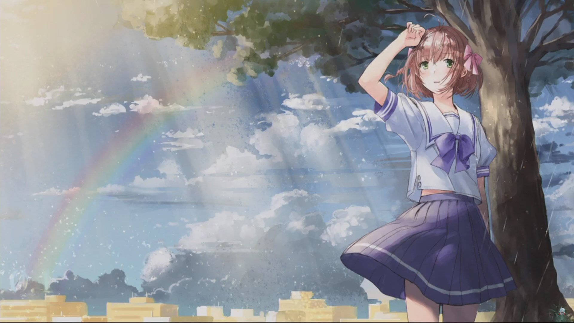kimi ga nozomu eien 桌布 壁紙 — 一個穿著校服的開朗動漫女孩站在樹下，陽光和彩虹透過蓬鬆的雲朵閃耀。