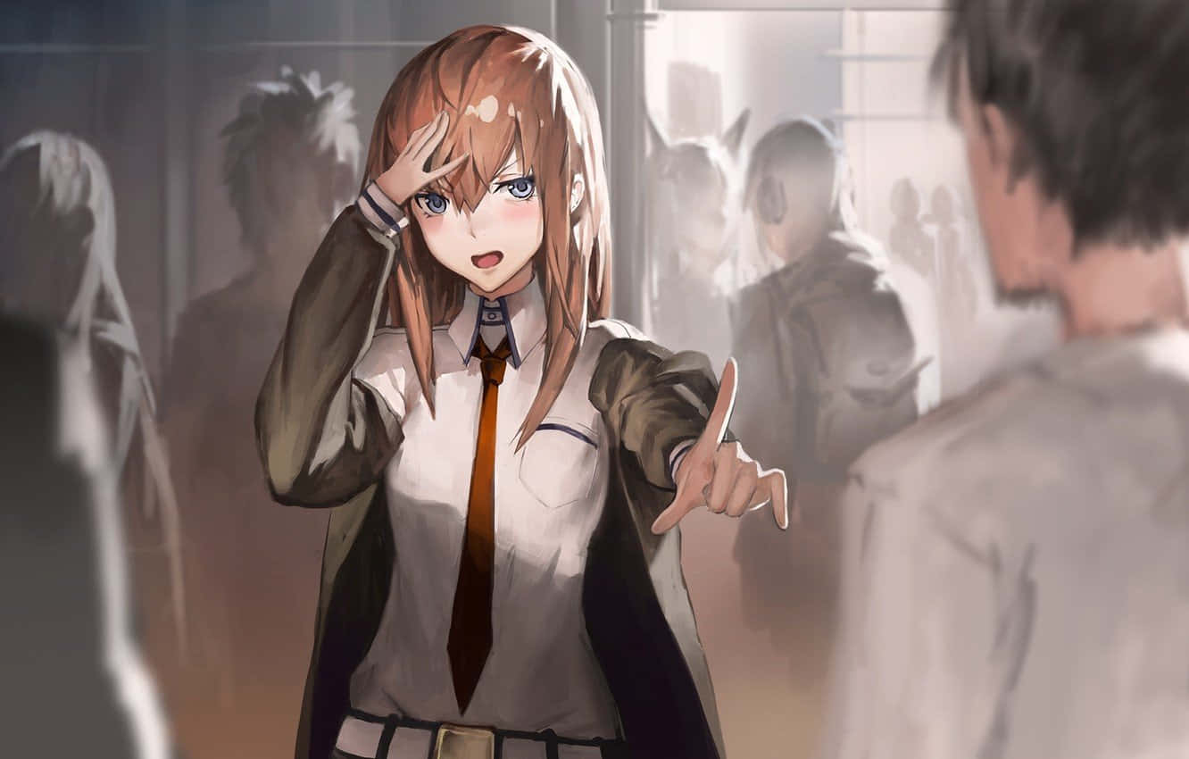 命運石之門 桌布 壁紙 — 一個穿著校服的驚訝動畫女孩指責性地指著某人，背景中模糊的同學們在觀看。
