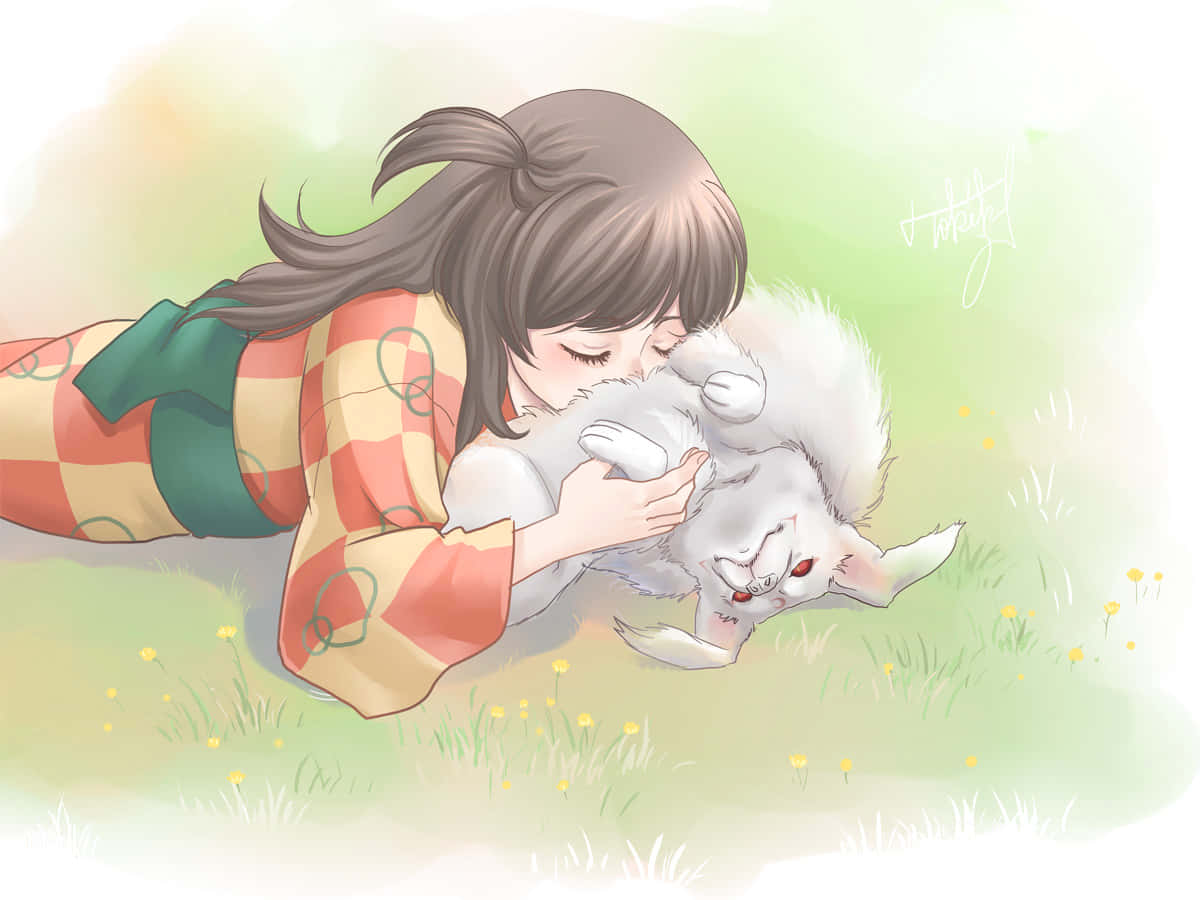 Inuyasha Rin 桌布 壁紙 — 一個穿著格紋和服的女孩在點綴著黃色花朵的草地上擁抱一隻紅眼蓬鬆的白狐狸。