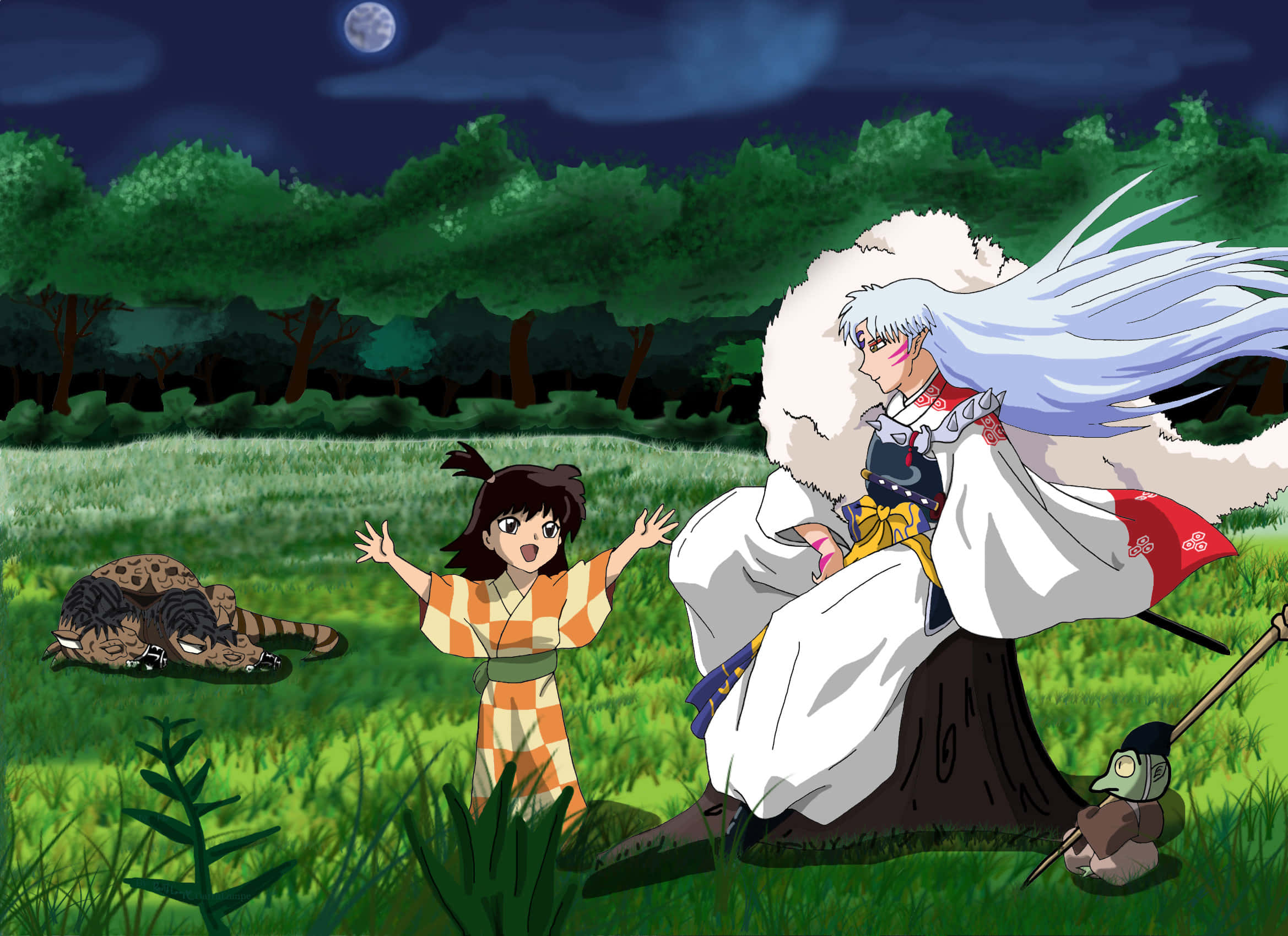 Sesshomaru 桌布 壁紙 — 一個穿著格紋和服的年輕女孩在月光照耀的森林中，高興地向一位銀髮動漫戰士（披著白色毛皮斗篷）打招呼。