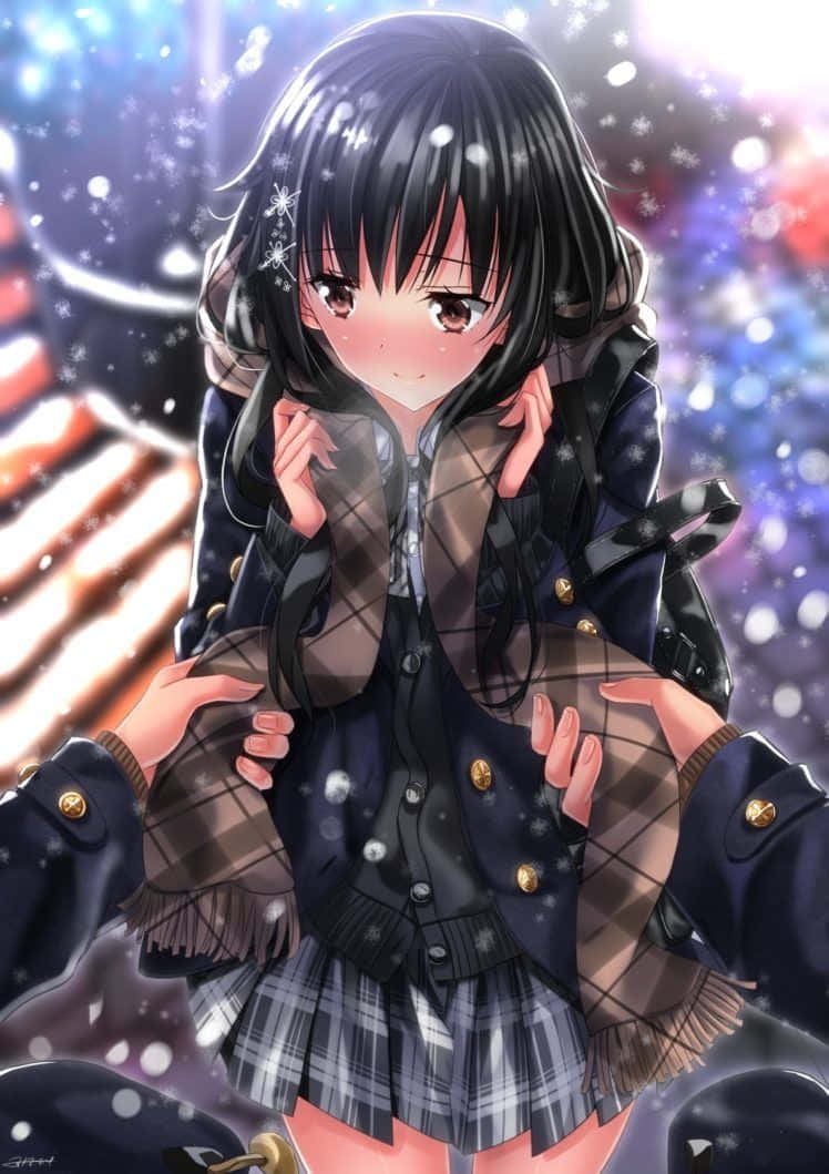 Anime Girl Black Hair 桌布 壁紙 — 一個穿著格紋校服的開心動畫女孩在充滿活力的宇宙背景下，雪花飄落時溫暖地微笑。