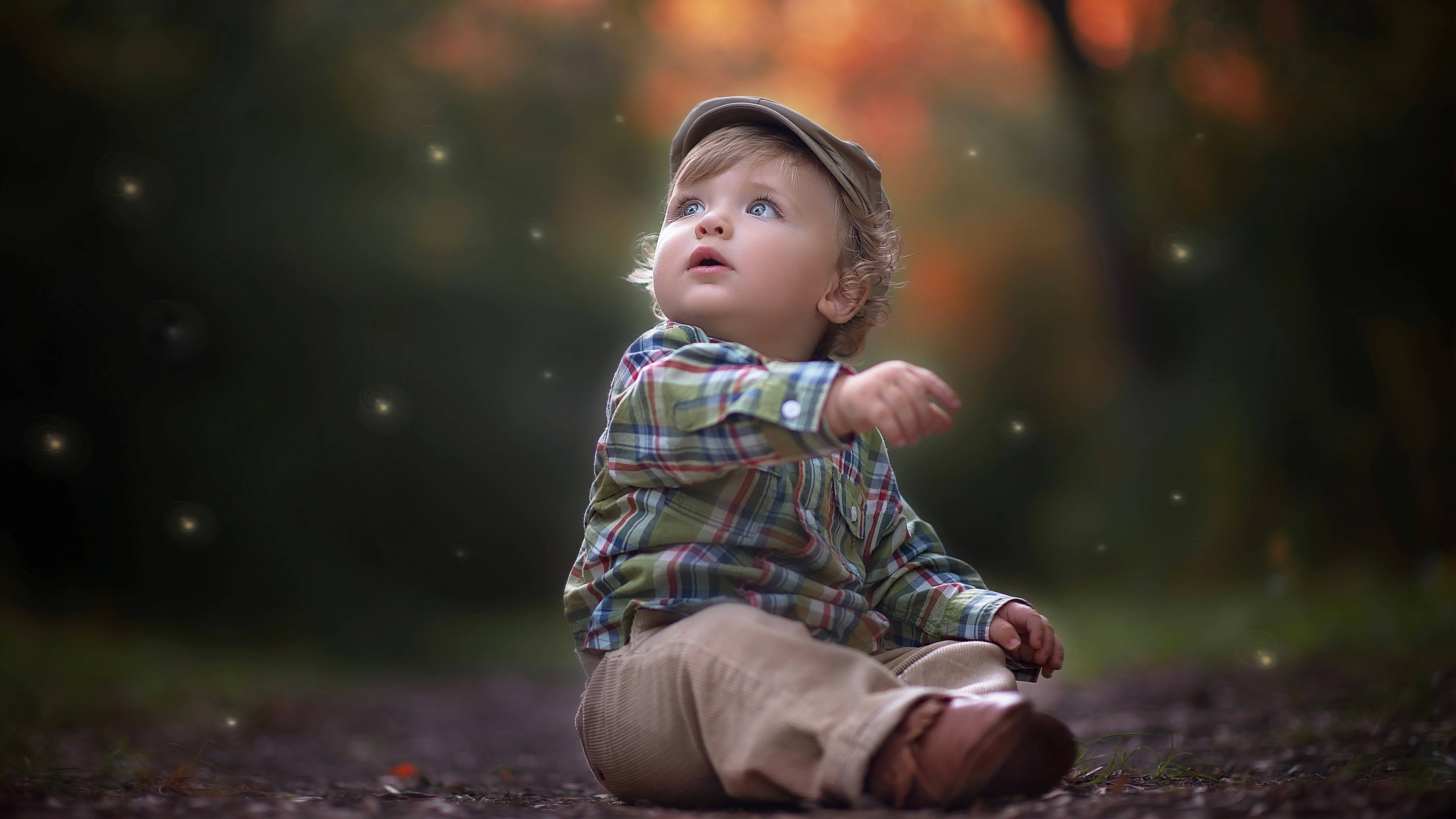 Baby Boy 桌布 壁紙 — 一個穿著格紋襯衫和帽子的年幼孩子坐在森林小徑上，抬頭仰望，金黃色的光線穿過秋天的樹木，充滿驚奇。
