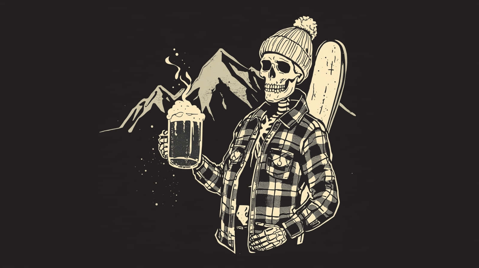 Cool Skeleton Holding Beer in Snowy Mountains Wallpaper 壁紙 — 一個穿著格紋襯衫和毛帽的骷髏，背著滑雪板，手持冒煙的啤酒杯，背景是山脈。