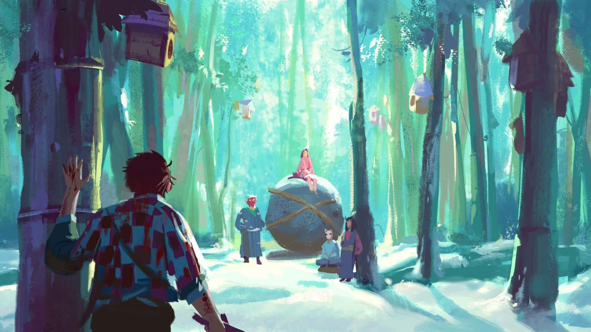 鬼滅之刃 桌布 壁紙 — 一個穿著格紋襯衫的年輕人站在雪地森林中，注視著其他人聚集在一個大石球周圍，石球上有一個穿著粉紅色長袍的人物。