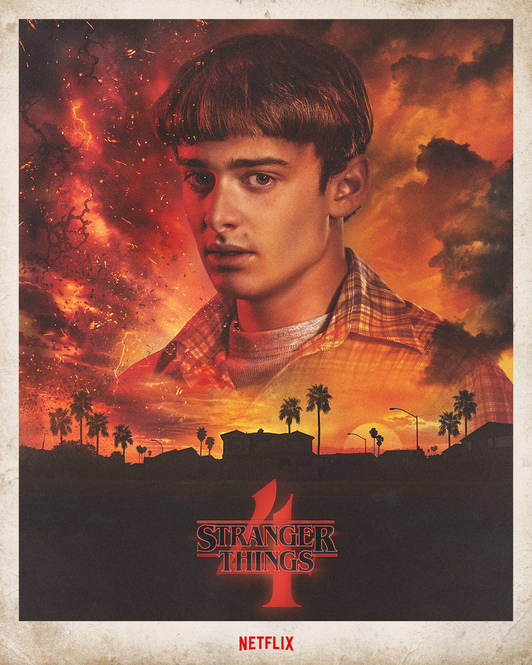 Stranger Things 4 桌布 壁紙 — 一個穿著格紋襯衫的年輕男子，在火紅的日落天空下，帶著棕櫚樹和郊區剪影，專注地凝視著。