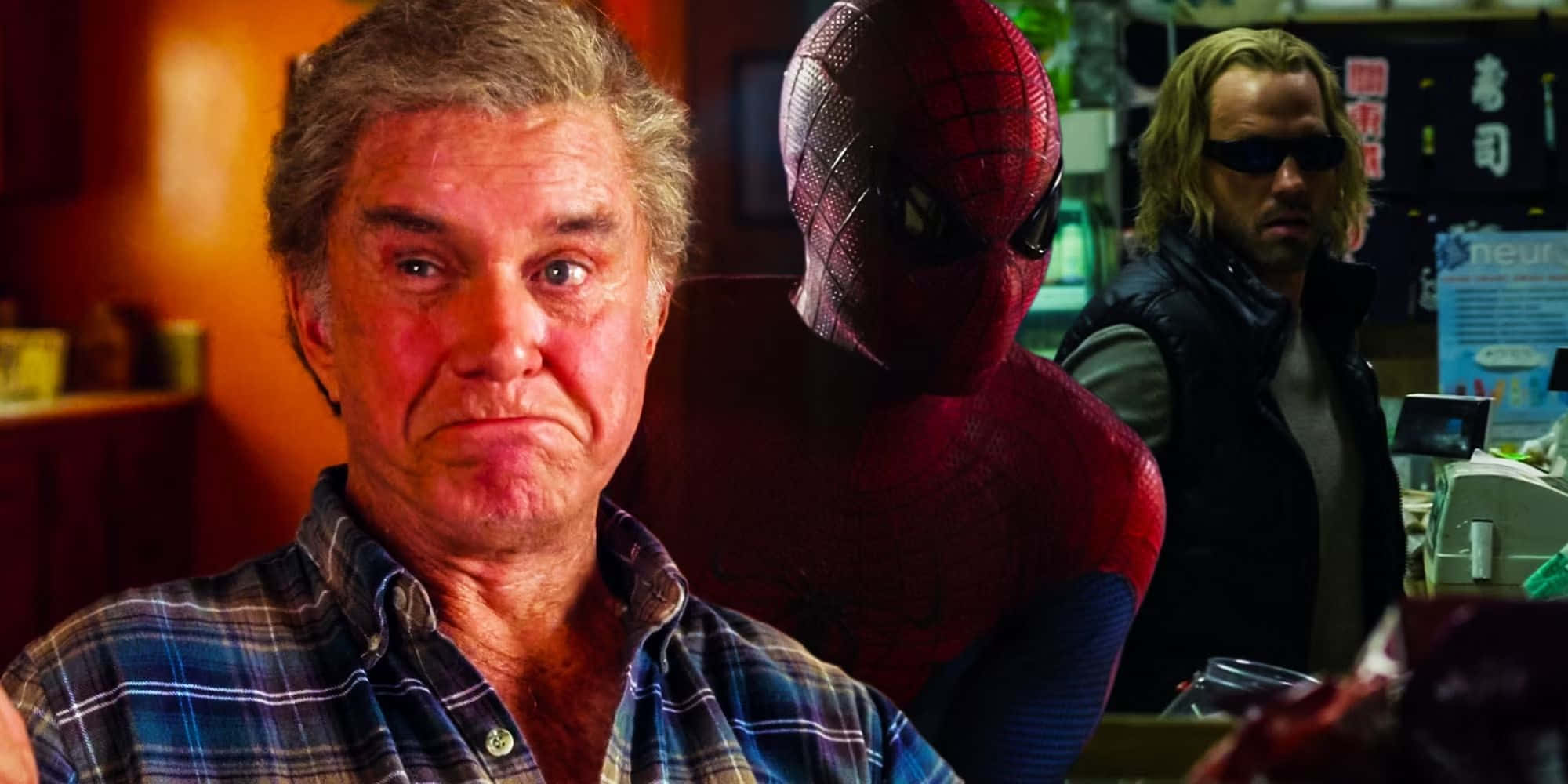 Uncle Ben 桌布 壁紙 — 一個穿著格紋襯衫的男人專注地凝視，蜘蛛人和另一個戴太陽眼鏡的男人站在他身後，房間燈光昏暗。