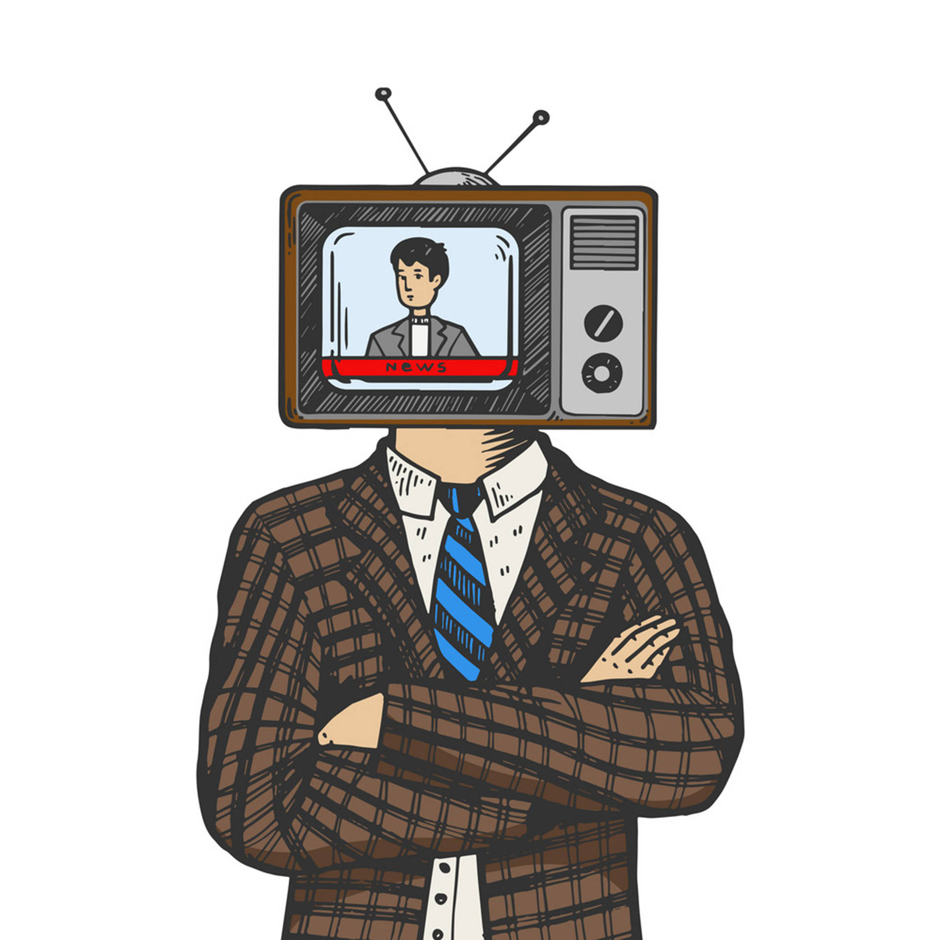 tv 桌布 壁紙 — 一個穿著格紋西裝的男人，頭部是一個復古電視機，屏幕上顯示著一位新聞主播。