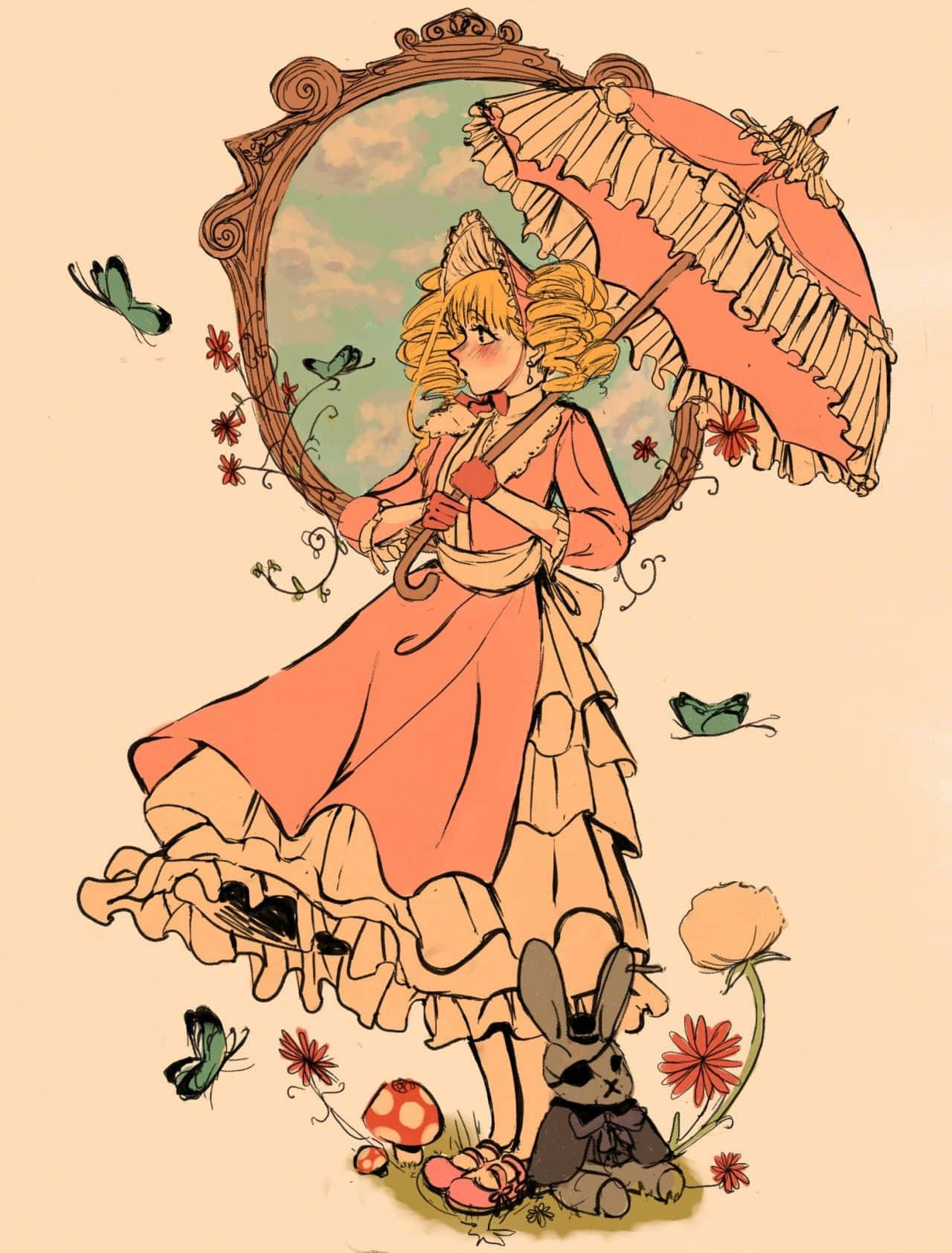 伊莉莎白·米德福特優雅姿態，精緻禮服 壁紙 — 一個穿著桃色荷葉邊連衣裙的女孩，手持相配的陽傘，周圍環繞著蝴蝶和一隻兔子的夢幻插圖。