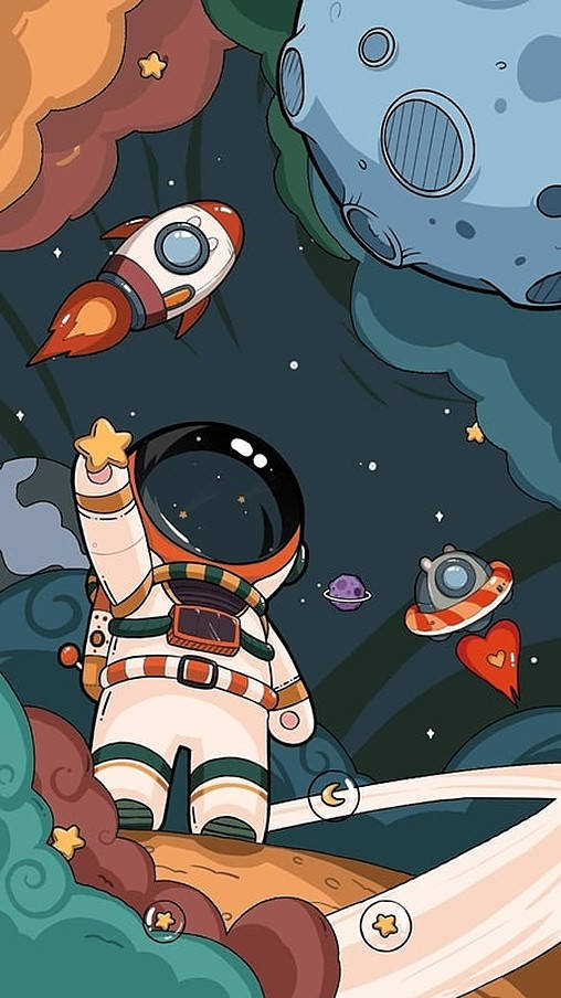 酷炫星系 桌布 壁紙 — 一個穿著條紋太空衣的可愛太空人，在卡通星系中漂浮於色彩繽紛的行星和奇特的太空船之間，手持一顆星星。
