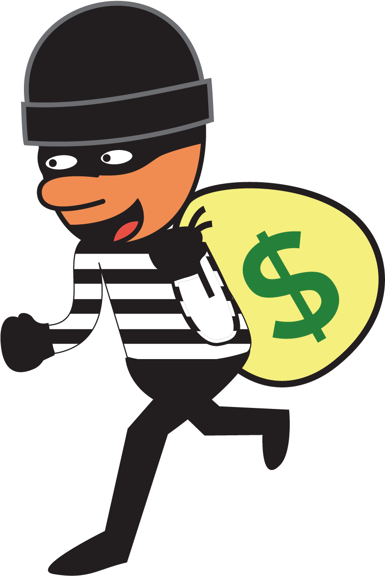 Robber 桌布 壁紙 — 一個穿著條紋服裝和黑色面具的卡通竊賊，快樂地奔跑著，同時拿著一個帶有綠色美元符號的黃色大袋子。