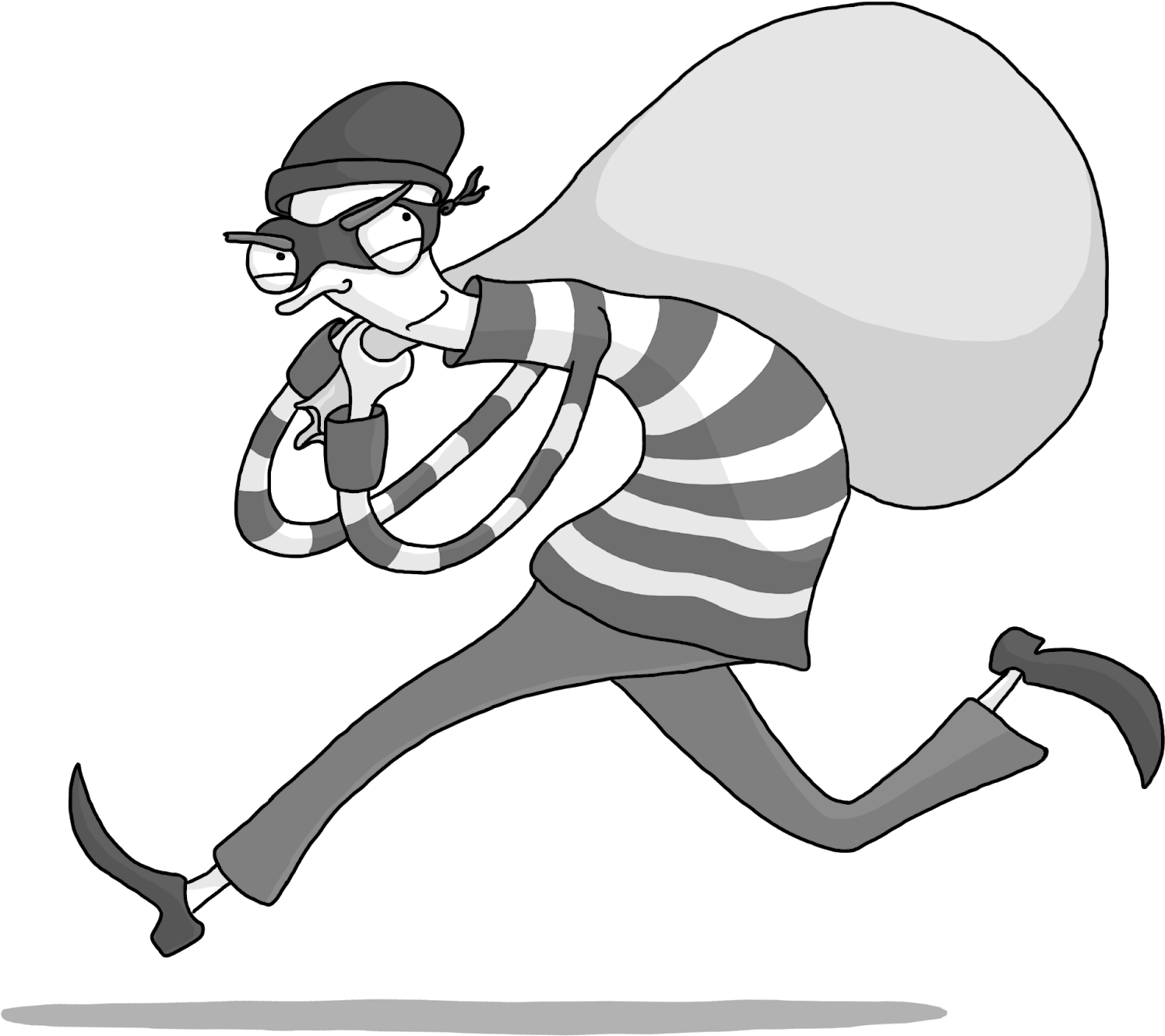 Robber 桌布 壁紙 — 一個穿著條紋服裝的卡通小偷，肩上扛著一個大麻袋，在黑色背景前奔跑。