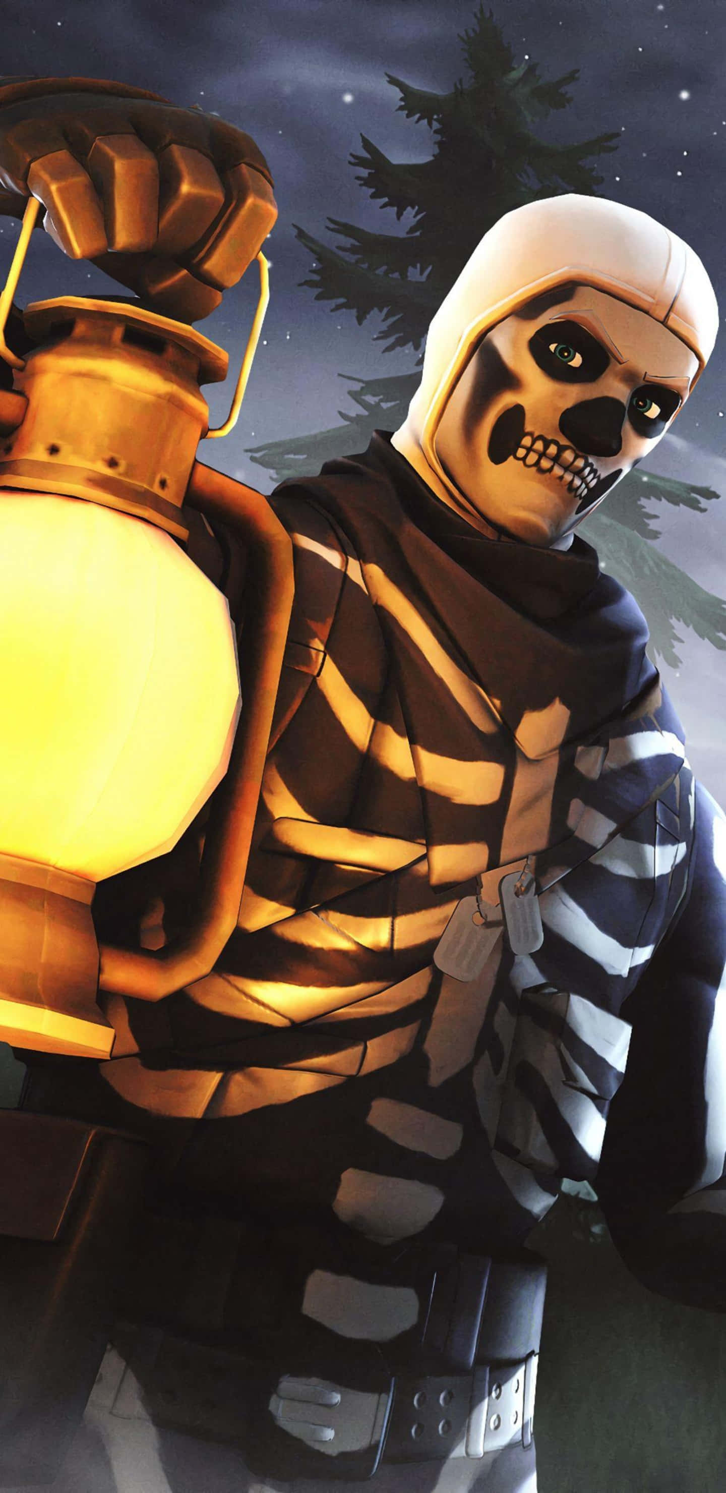 Fortnite 桌布 壁紙 — 一個穿著條紋監獄服裝的骷髏人物，在星空下與松樹的夜晚中手持發光燈籠。