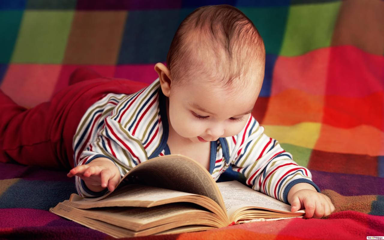 Reading 桌布 壁紙 — 一個穿著條紋睡衣的嬰兒躺在色彩繽紛的格子毯上，專心閱讀一本打開的書。