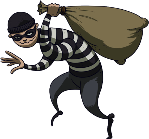 Robber 桌布 壁紙 — 一個穿著條紋衣服和戴面具的卡通竊賊，背著一個大袋子，邊跑邊露出頑皮的笑容。