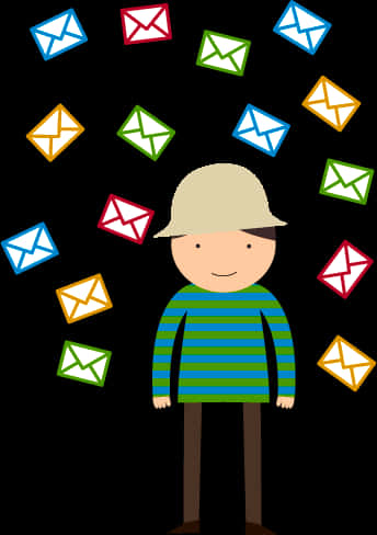 Email Icon 桌布 壁紙 — 一個穿著條紋襯衫和帽子的開朗卡通男孩站在黑色背景前，周圍環繞著色彩繽紛的漂浮電子郵件圖標。