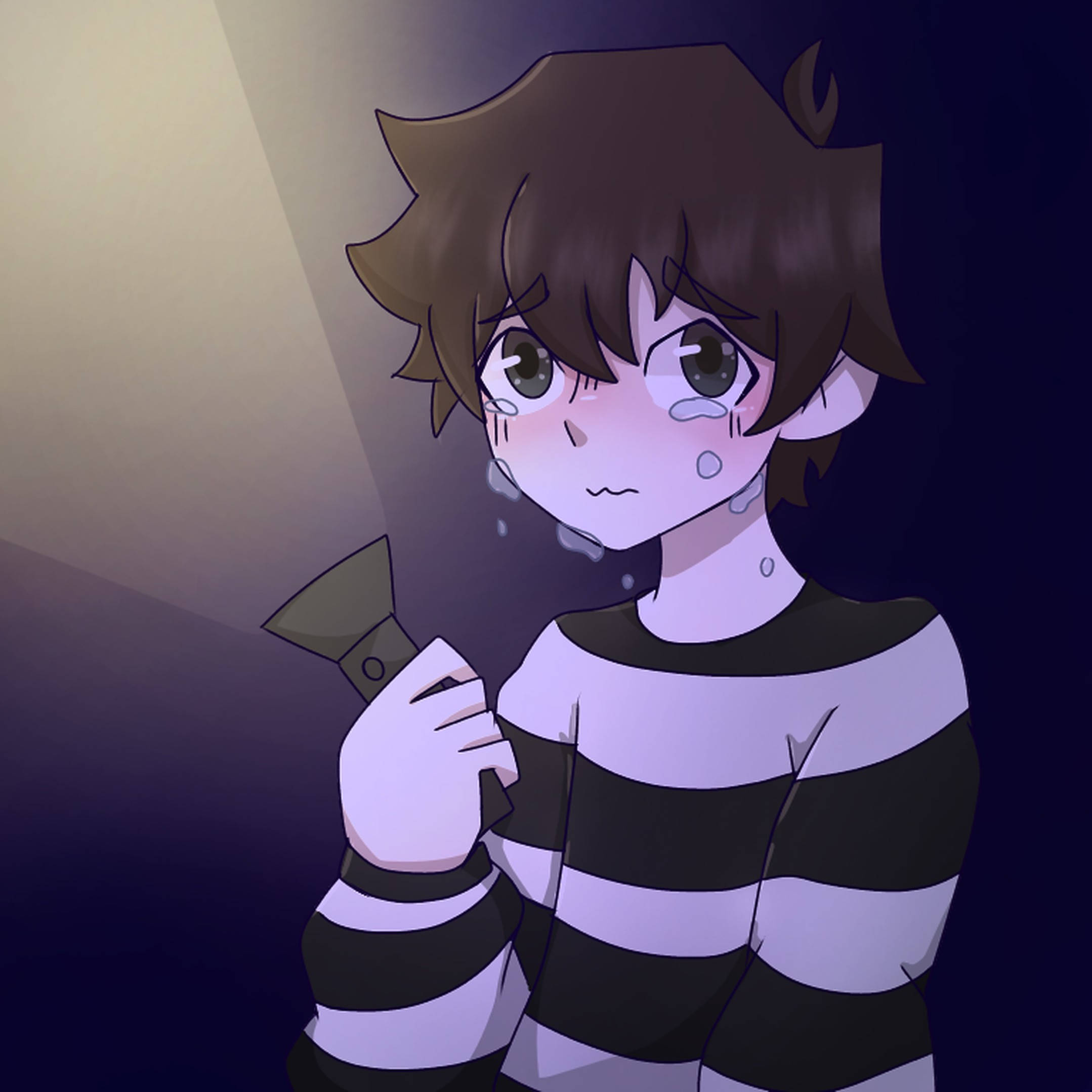 Chris Afton 桌布 壁紙 — 一個穿著條紋襯衫的悲傷動漫男孩在黑暗房間的光束下拿著手電筒。