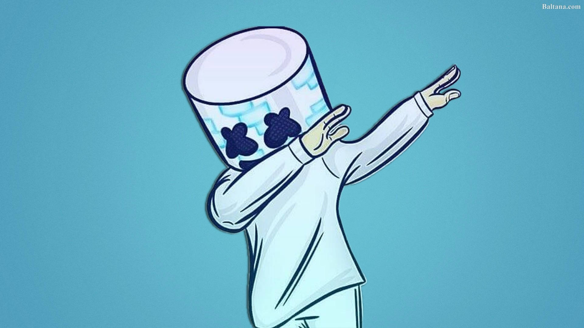 Marshmello 動態圖 桌布 壁紙 — 一個穿著棉花糖服裝的卡通角色在純藍色背景前跳 dab 舞。