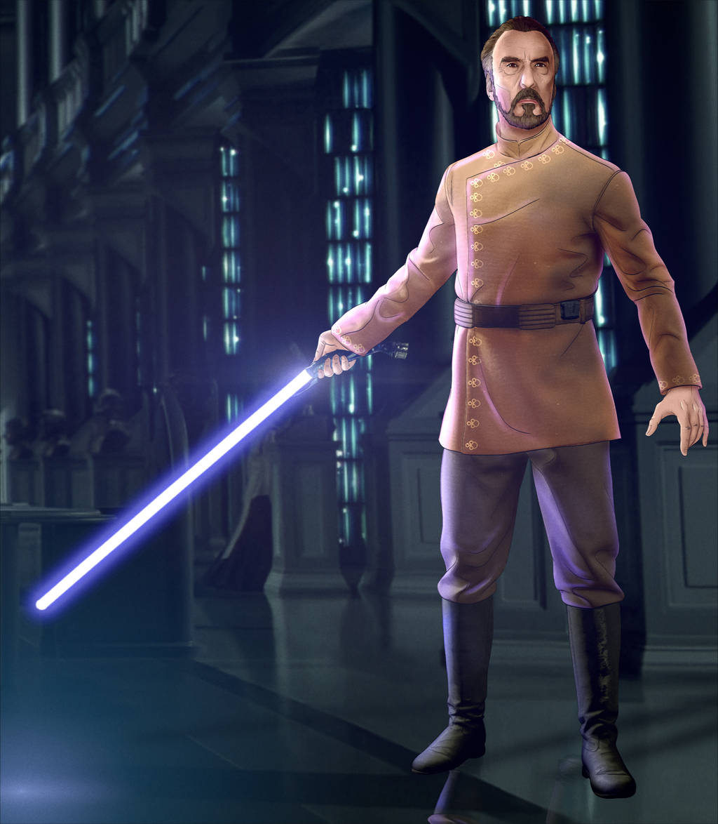 Jedi 桌布 壁紙 — 一個穿著棕色制服、表情嚴肅的男人，在一個光線昏暗、帶有高窗的哥德式大廳裡，手持一把發光的藍色光劍。