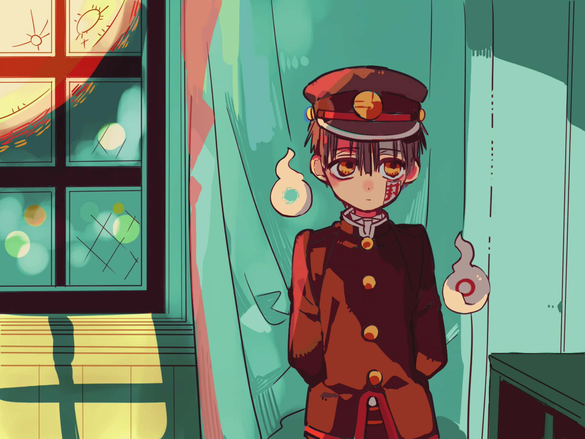 Toilet Bound Hanako Kun 桌布 壁紙 — 一個穿著棕色制服的年輕動畫男孩站在窗邊，旁邊有發光球體漂浮在一個青綠色的房間裡。