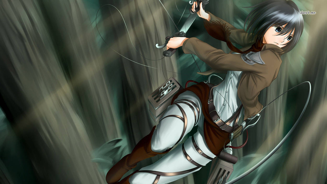 Mikasa Ackerman 桌布 壁紙 — 一個穿著棕色和白色制服的動漫女孩用抓鉤和劍在森林中擺盪。