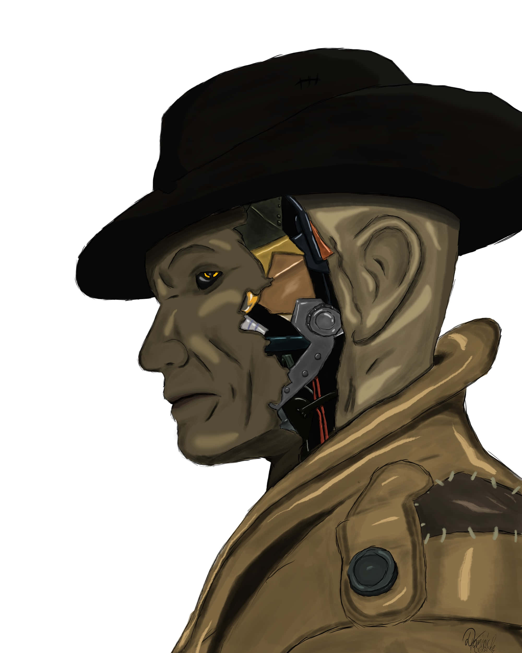 Nick Valentine 桌布 壁紙 — 一個穿著棕色外套和黑色帽子的賽博龐克男子，帶有可見的機械下巴和頸部植入物。
