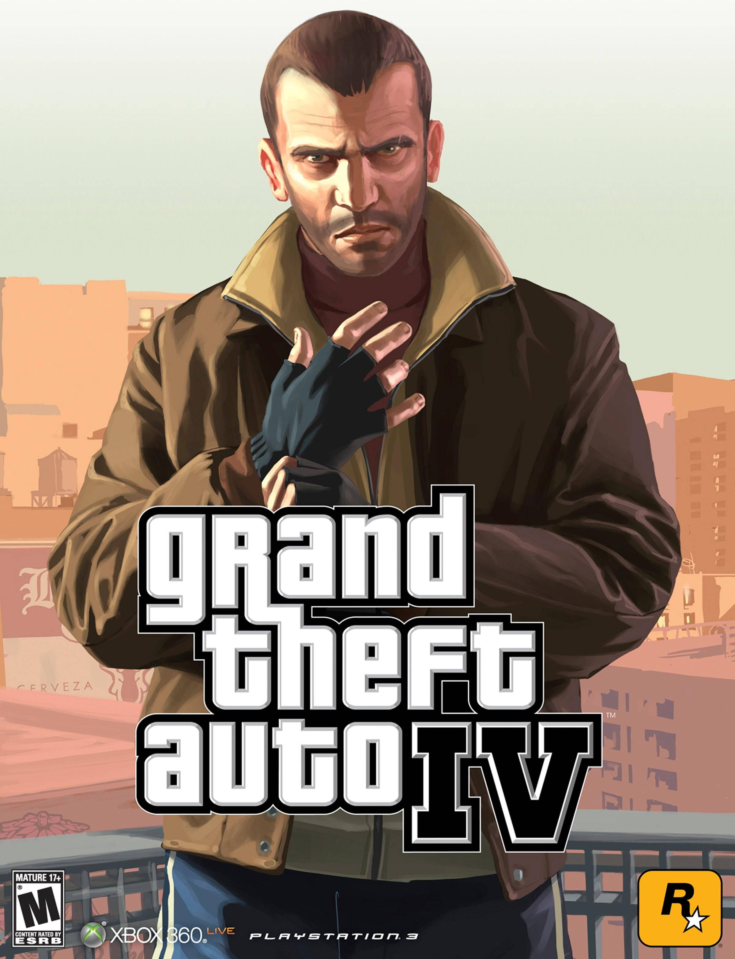 gta iPhone 桌布 壁紙 — 一個穿著棕色外套和黑色手套的嚴肅男人，站在模糊的城市背景前，上面疊加著「Grand Theft Auto IV」標題。