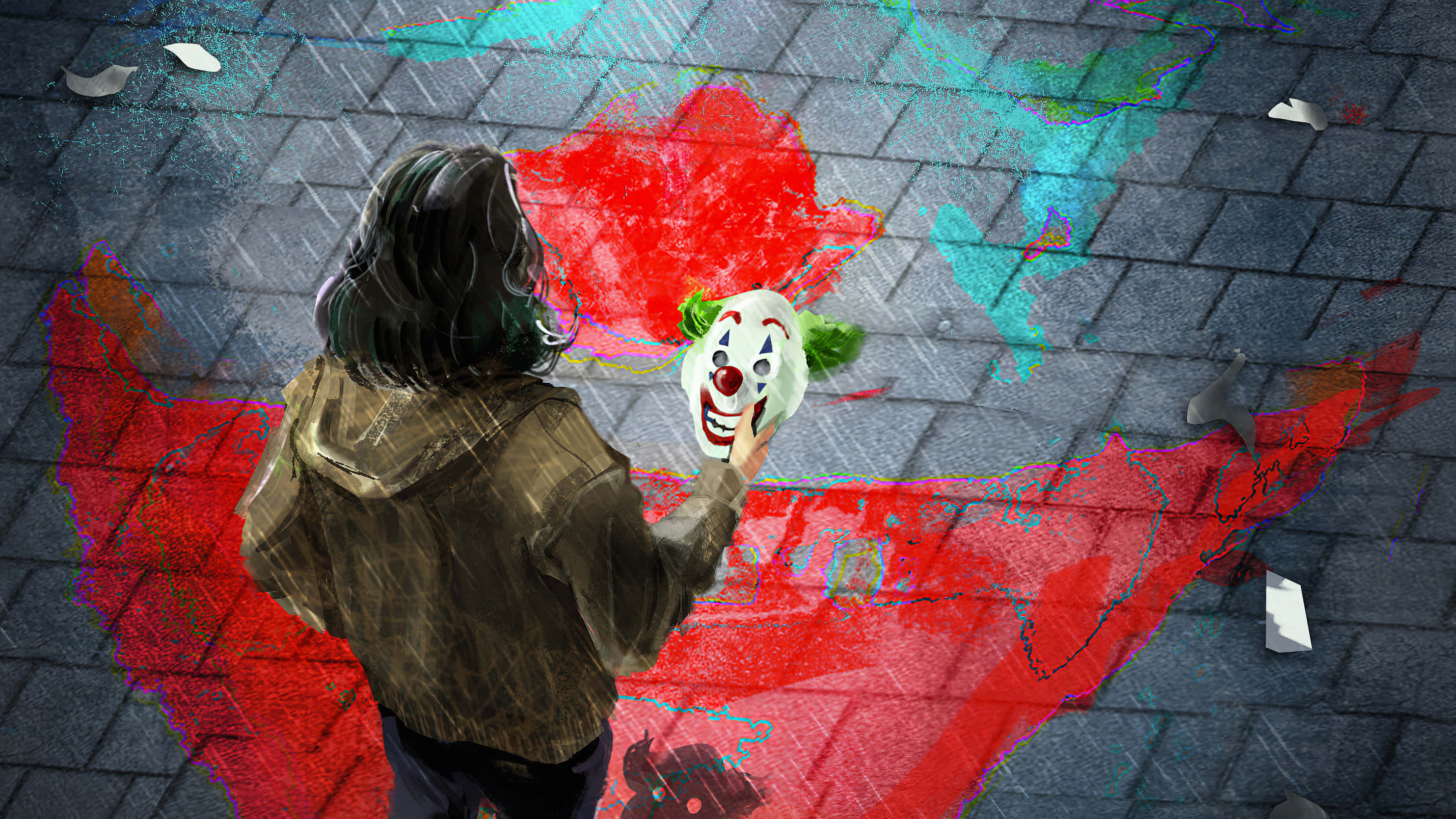 Raining 桌布 壁紙 — 一個穿著棕色外套的人，在濕滑的鵝卵石街上，將一個小丑面具舉在一個紅色塗鴉心形上方。