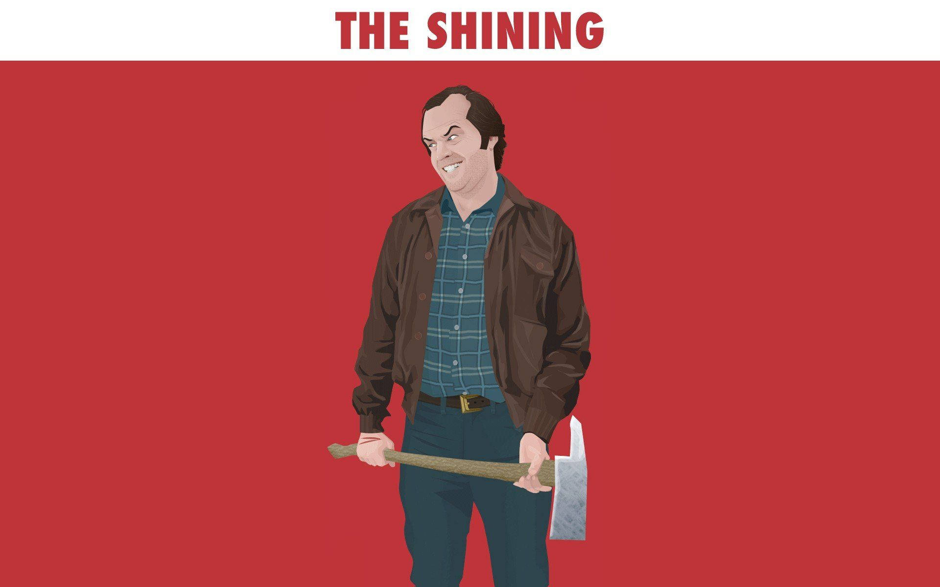 shining 桌布 壁紙 — 一個穿著棕色外套的威脅性男子，在純紅色背景上拿著斧頭，上方有「THE SHINING」文字。