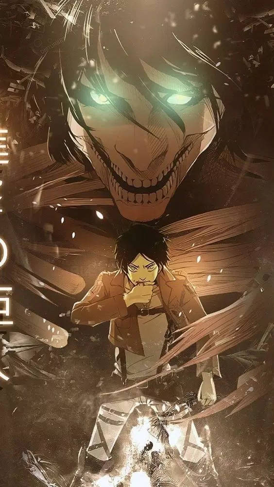 Attack On Titan Titan Eren 桌布 壁紙 — 一個穿著棕色外套的年輕人，挑釁地站在一個有著發光綠色眼睛和咧嘴笑的巨人下方。