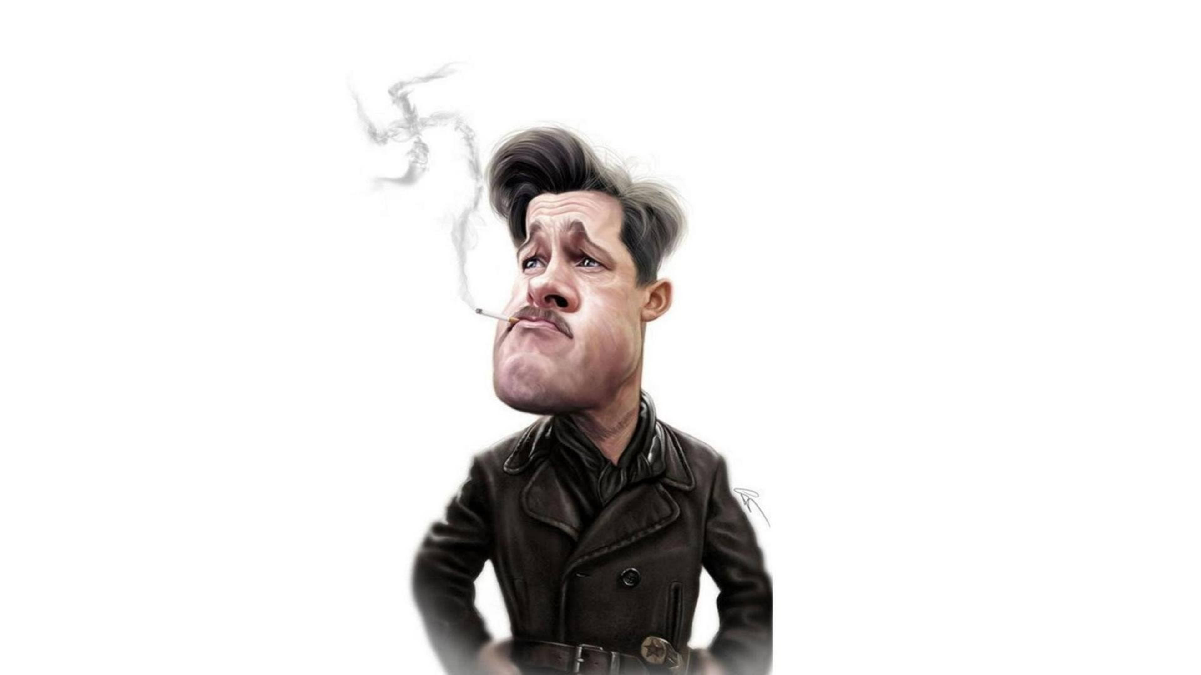 Inglourious Basterds 桌布 壁紙 — 一個穿著棕色外套的漫畫化男子吸煙，煙霧在他頭頂形成一個卍字。